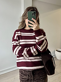Uzun Kollu Bisiklet Yaka Bordo Pembe Çizgili Kadın Triko Kazak
