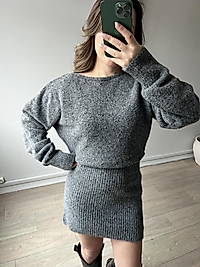 Gri Melanj Kayık Yaka Kısa Triko Elbise