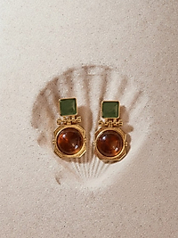 Vintage Kare Formlu Yeşil ve Kahverengi Renkli Küpe