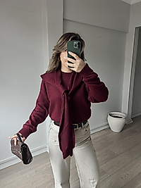 Bordo Yumuşak Dokulu Bağlama Şal Detaylı Kadın Triko Kazak