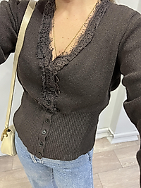 Kahverengi Dantel Detaylı Kadın Triko Hırka