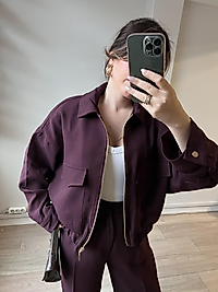 Bordo Renk Fermuarlı Dik Yaka Astarlı Kadın Ceket