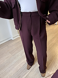 Bordo Yüksek Bel Dökümlü Kadın Pantolon