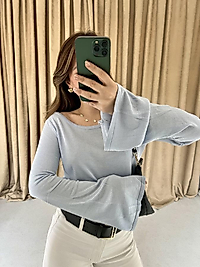 Buz Mavisi Sırt Dekolteli İspanyol Kol Bluz