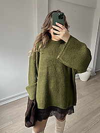 Yağ Yeşili Uzun Kollu Bisiklet Yaka Oversize Kadın Triko Kazak