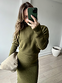 Yağ Yeşili Bisiklet Yaka Uzun Triko Elbise