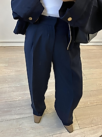 Lacivert Yüksek Bel Dökümlü Kadın Pantolon