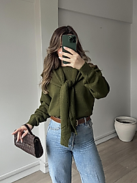 Yumuşak Dokulu Bağlama Şal Detaylı Kadın Triko Yeşil Kazak