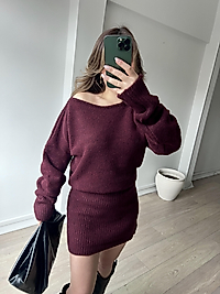 Bordo Kayık Yaka Kısa Triko Elbise