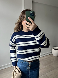 Lacivert Beyaz Çizgili Uzun Kollu Bisiklet Yaka Kadın Triko Kazak