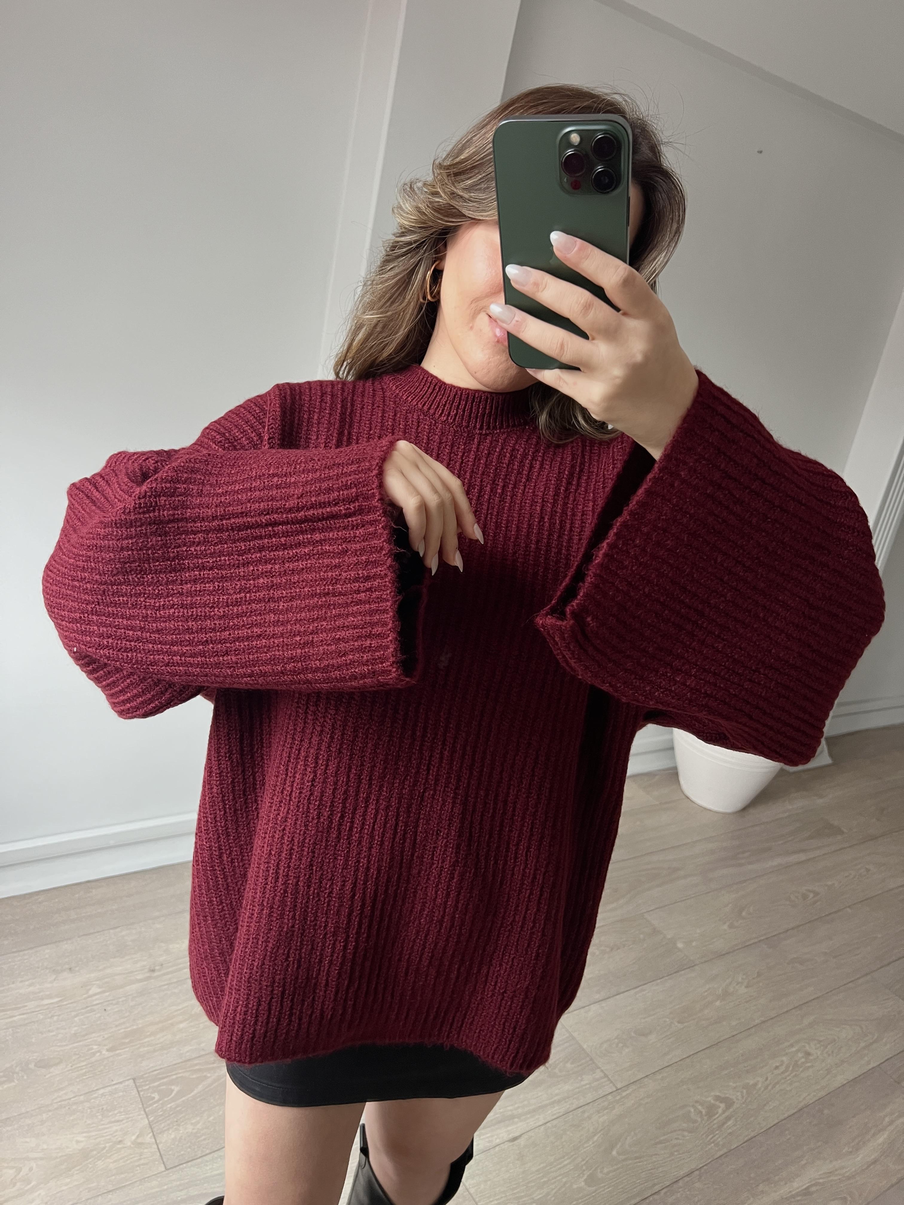 Bordo Uzun Kollu Bisiklet Yaka Oversize Kadın Triko Kazak