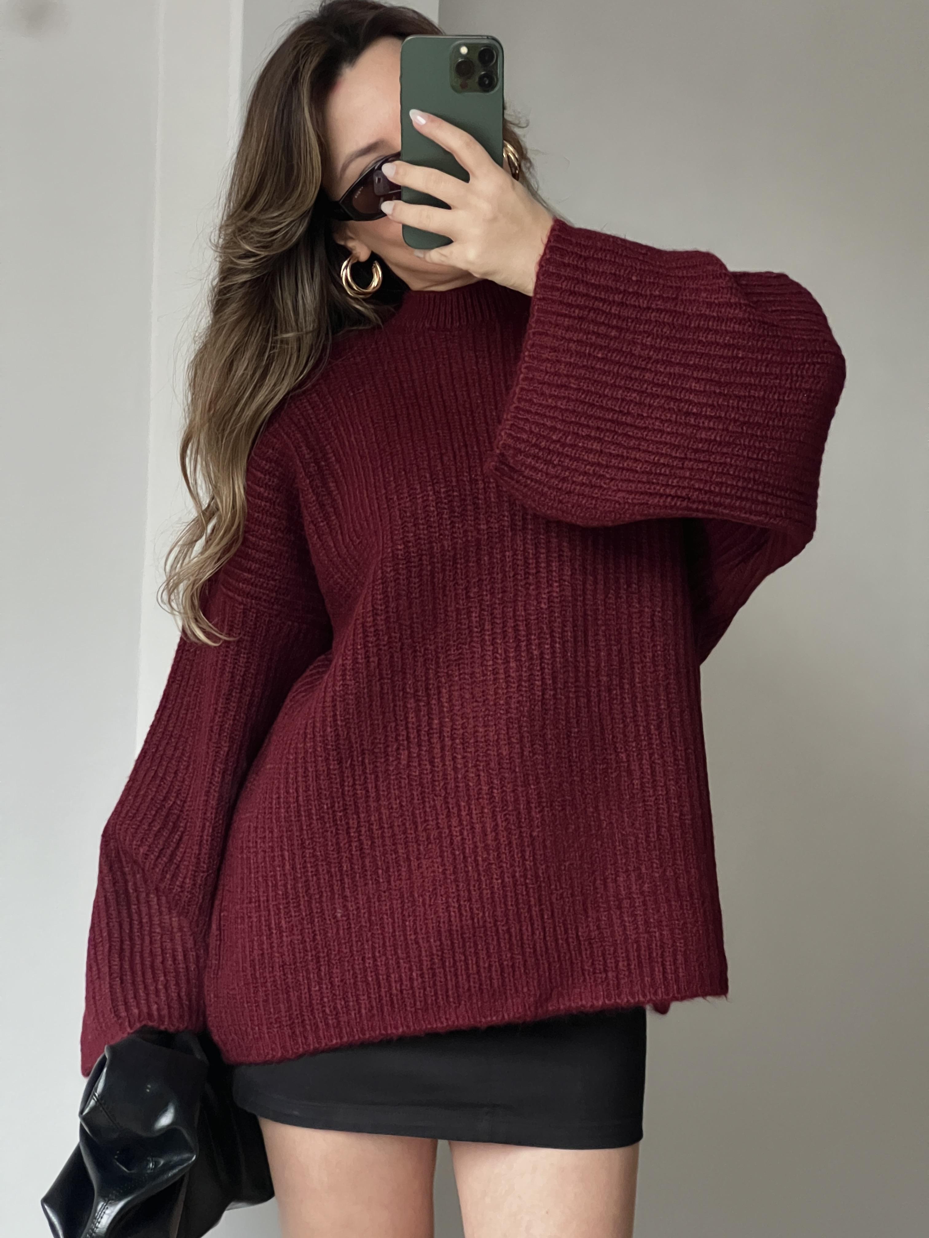 Bordo Uzun Kollu Bisiklet Yaka Oversize Kadın Triko Kazak