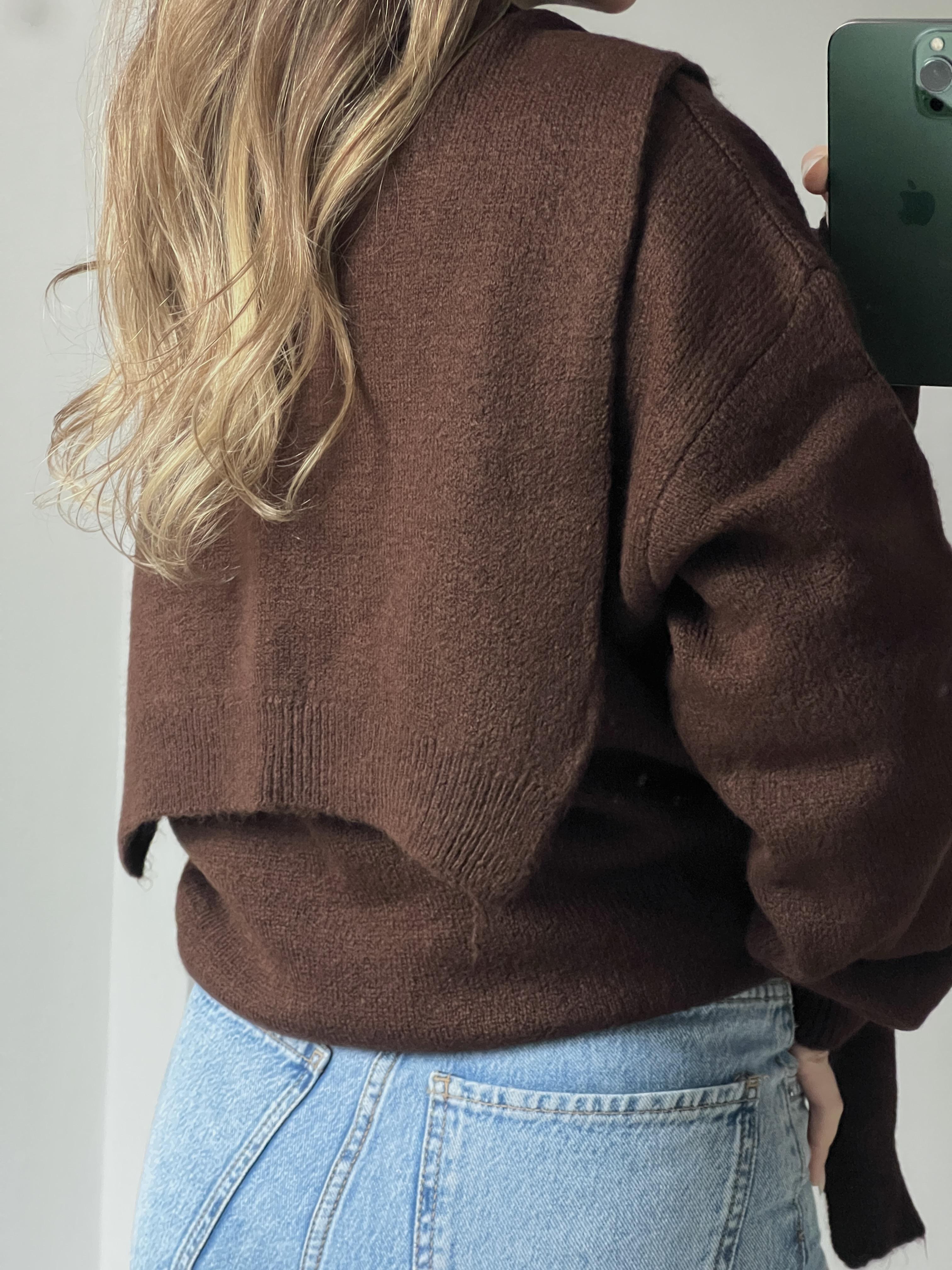 Kahverengi Yumuşak Dokulu Bağlama Şal Detaylı Kadın Triko Kazak