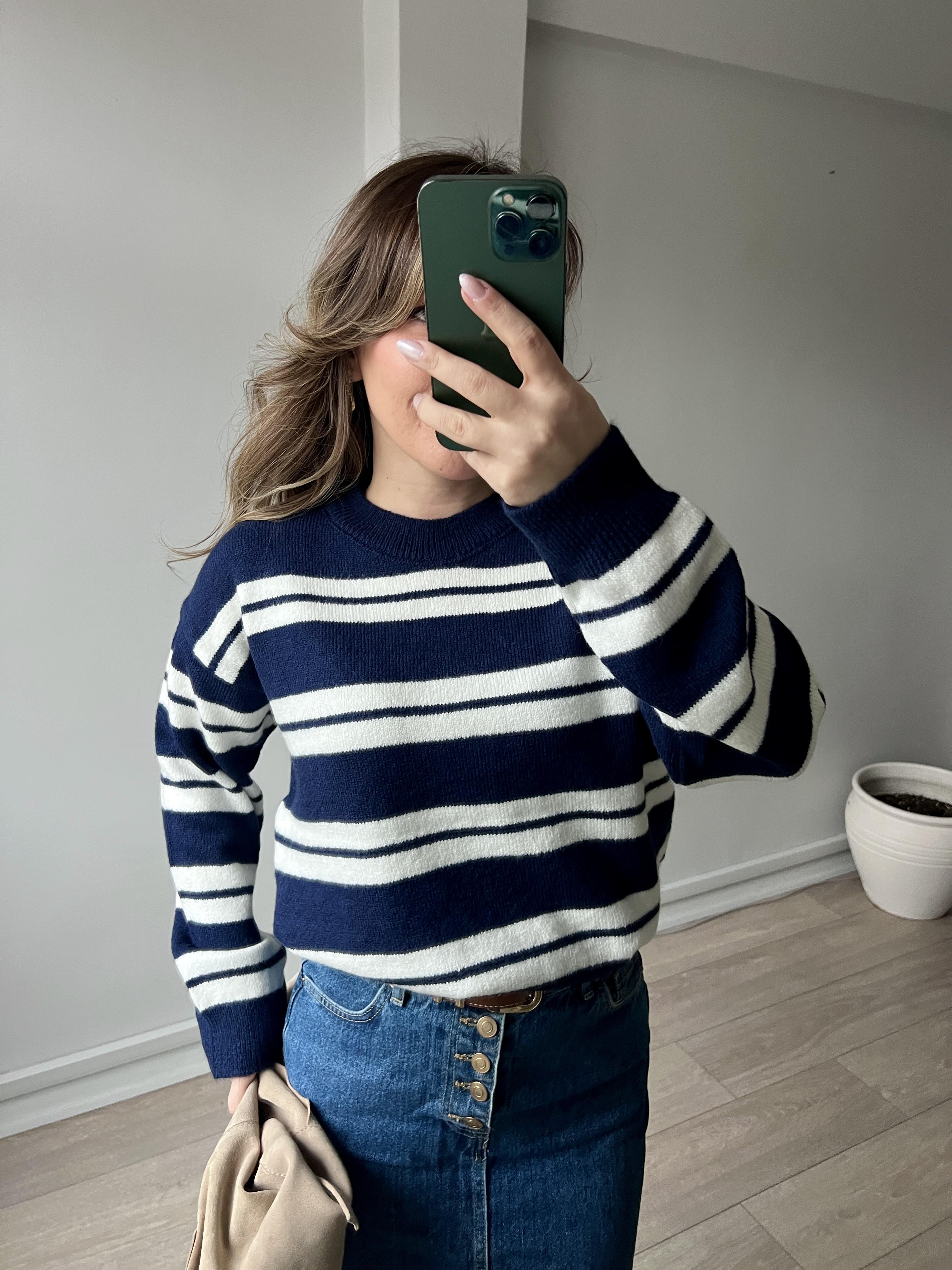 Lacivert Beyaz Çizgili Uzun Kollu Bisiklet Yaka Kadın Triko Kazak