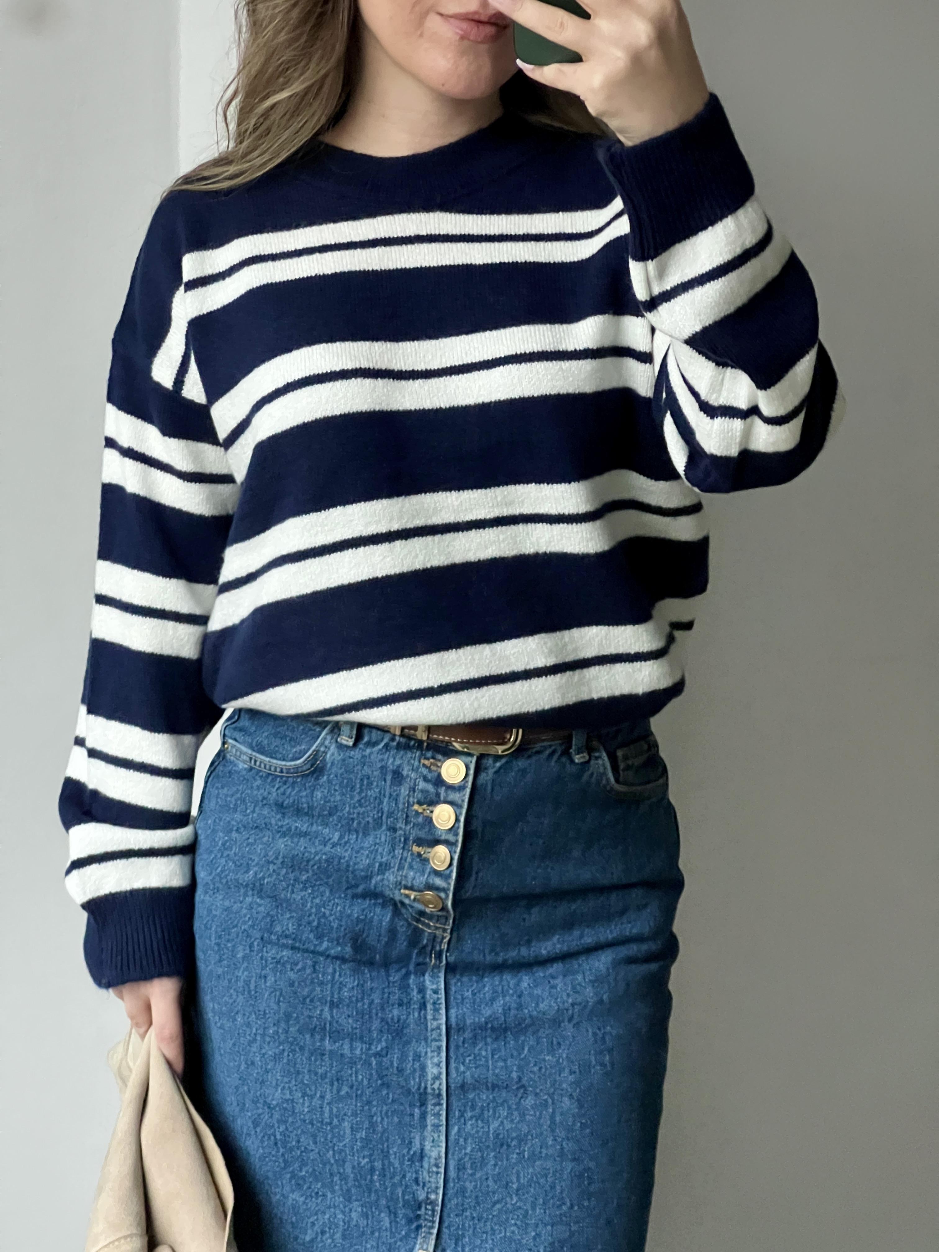 Lacivert Beyaz Çizgili Uzun Kollu Bisiklet Yaka Kadın Triko Kazak