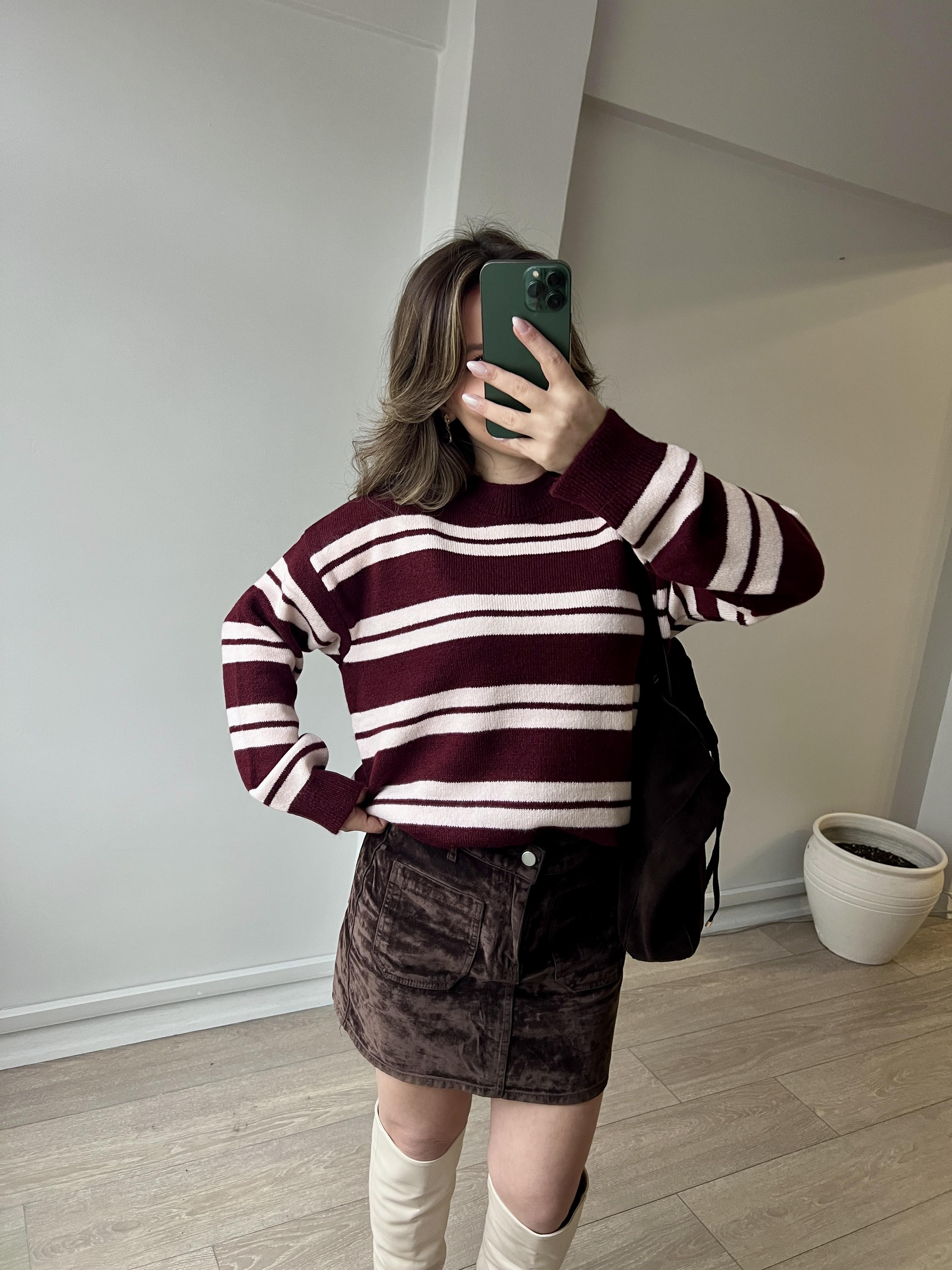 Uzun Kollu Bisiklet Yaka Bordo Pembe Çizgili Kadın Triko Kazak