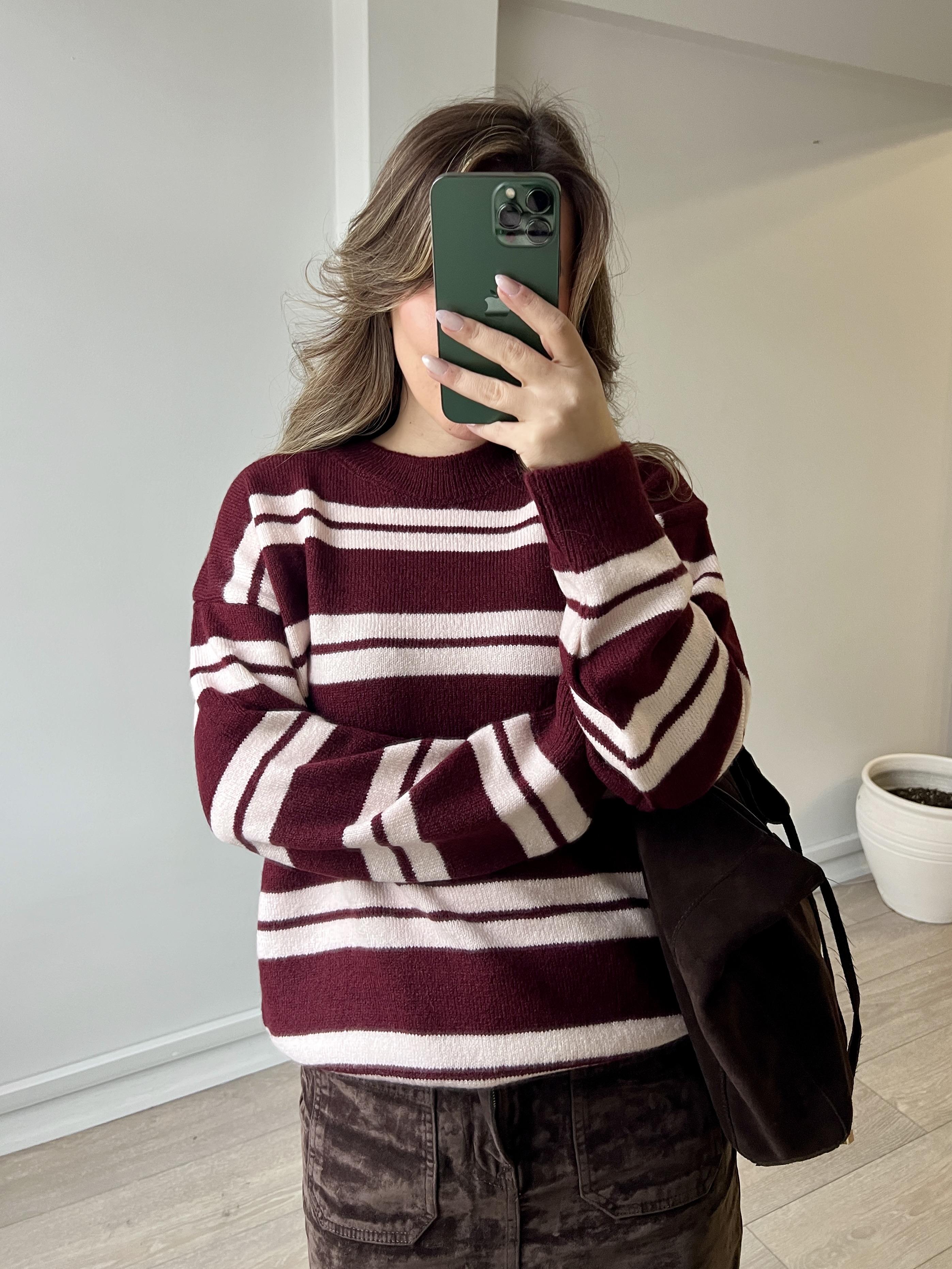 Uzun Kollu Bisiklet Yaka Bordo Pembe Çizgili Kadın Triko Kazak