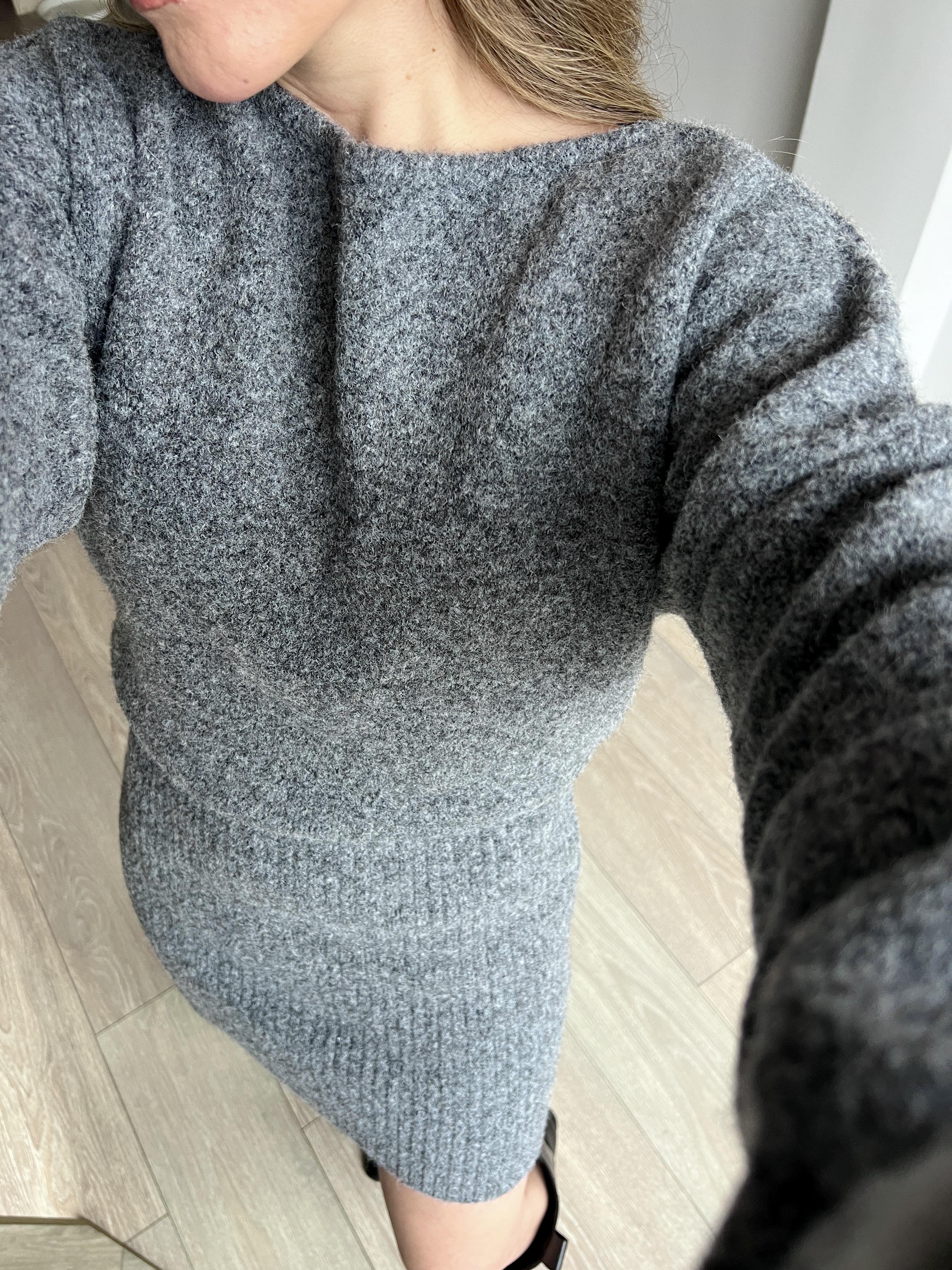 Gri Melanj Kayık Yaka Kısa Triko Elbise