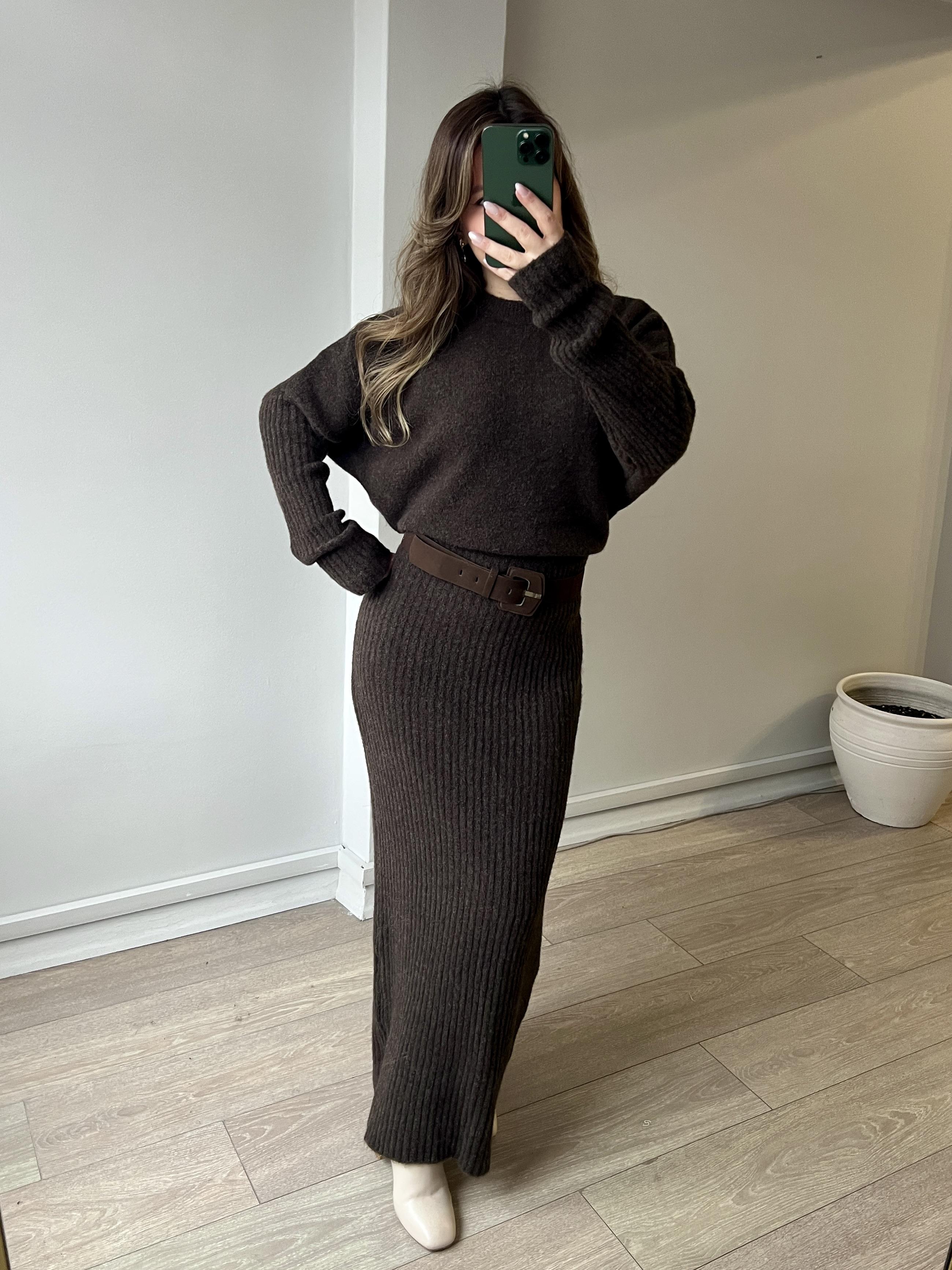 Kahverengi Bisiklet Yaka Uzun Triko Elbise