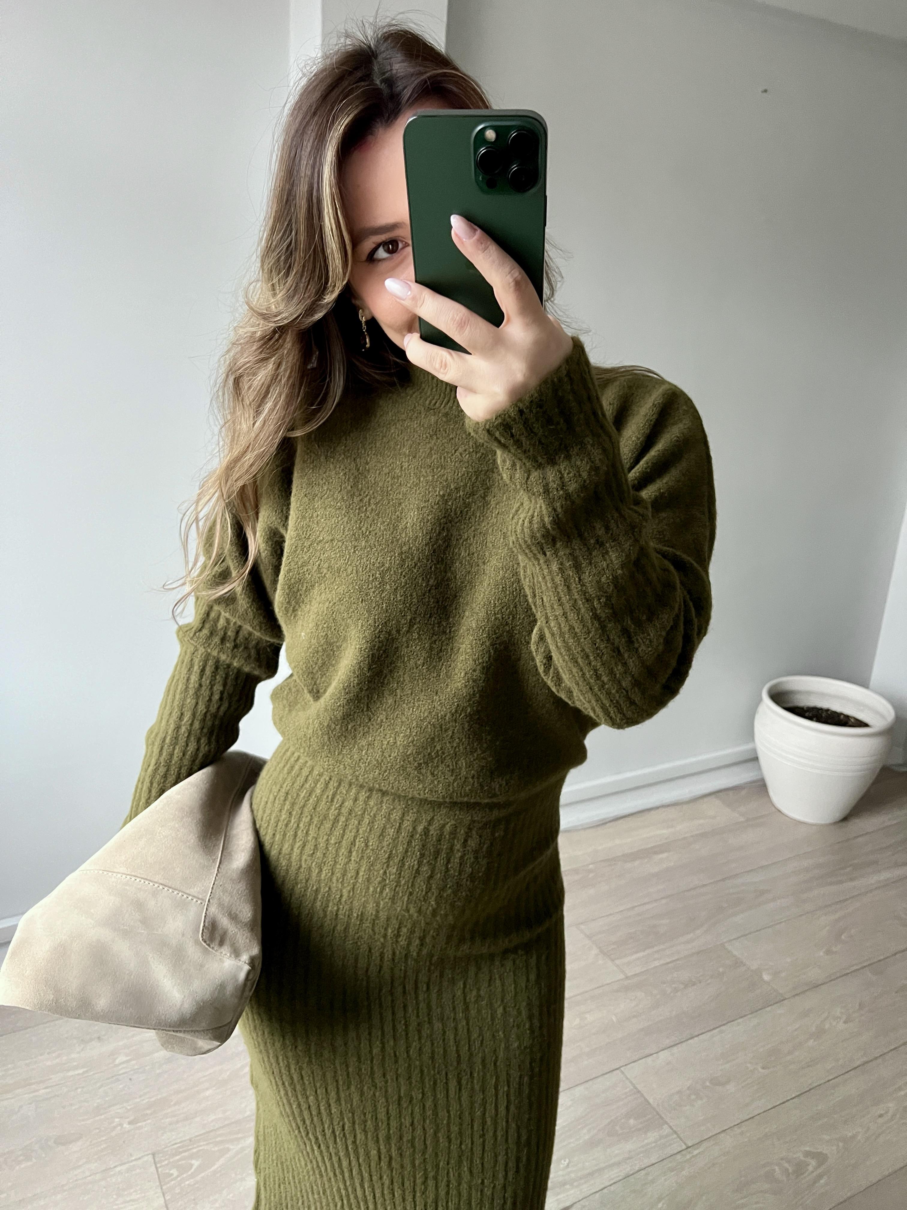 Yağ Yeşili Bisiklet Yaka Uzun Triko Elbise