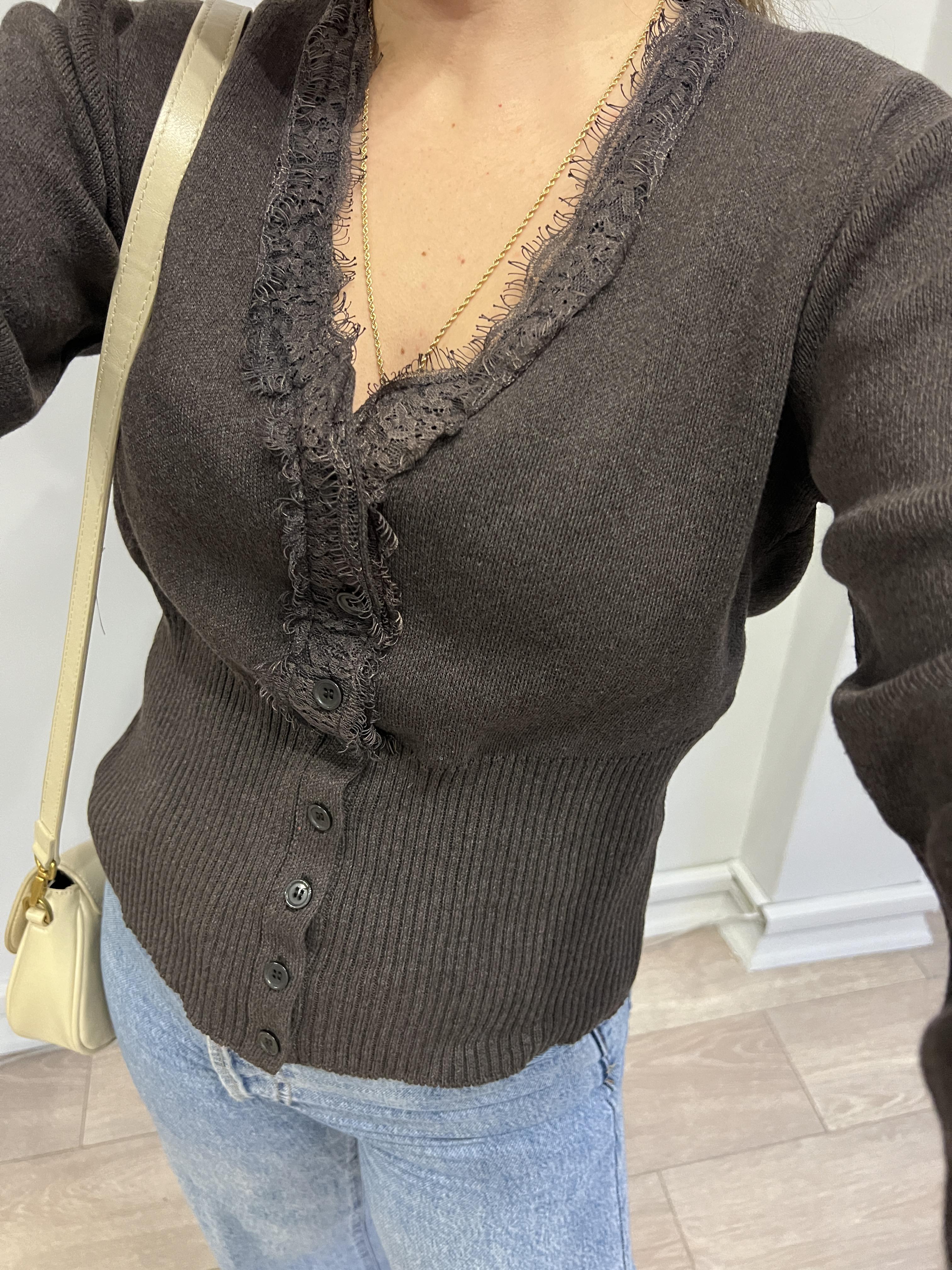 Kahverengi Dantel Detaylı Kadın Triko Hırka