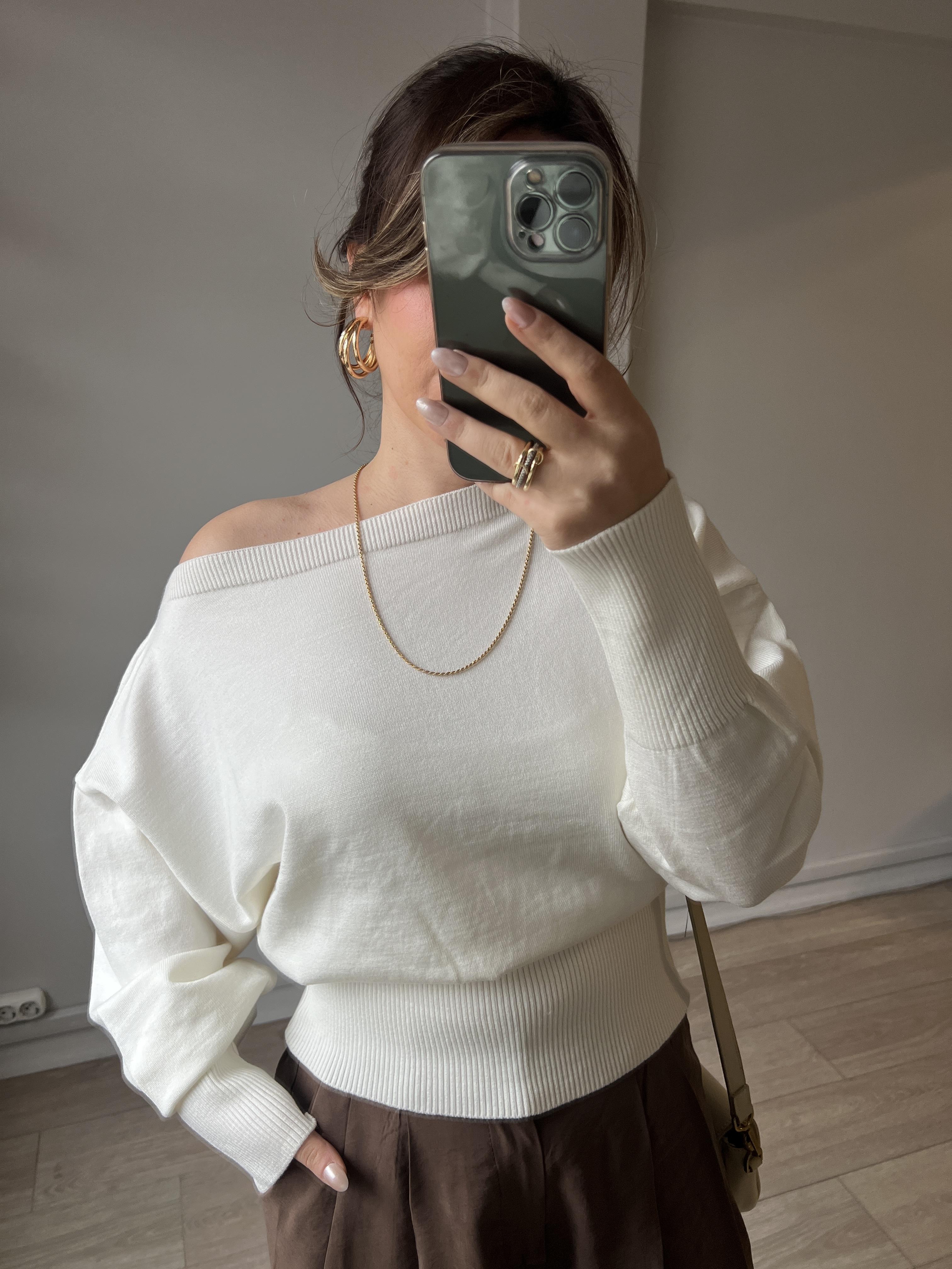 Ekru Kayık Yaka Kadın Triko Bluz