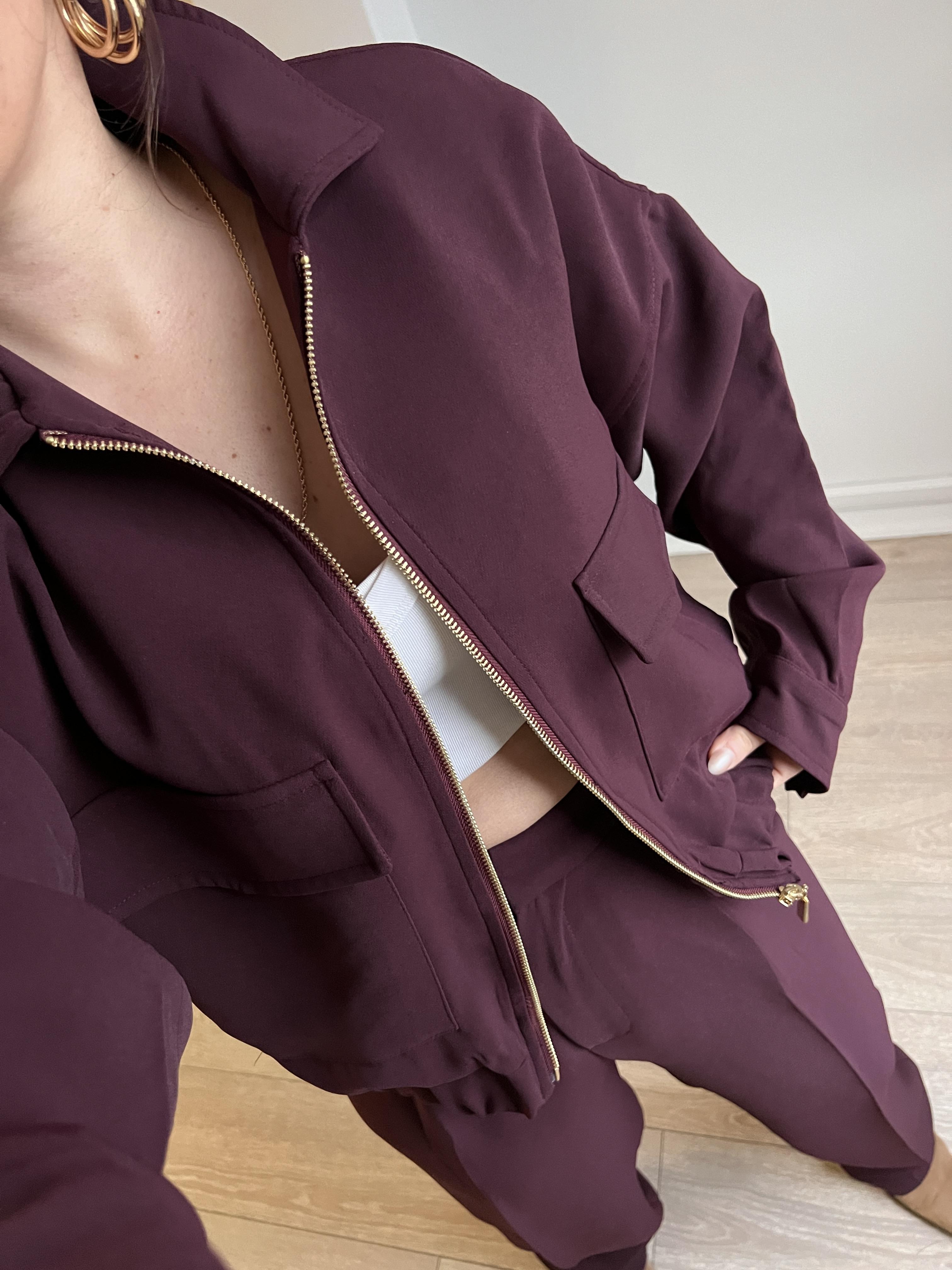 Bordo Renk Fermuarlı Dik Yaka Astarlı Kadın Ceket