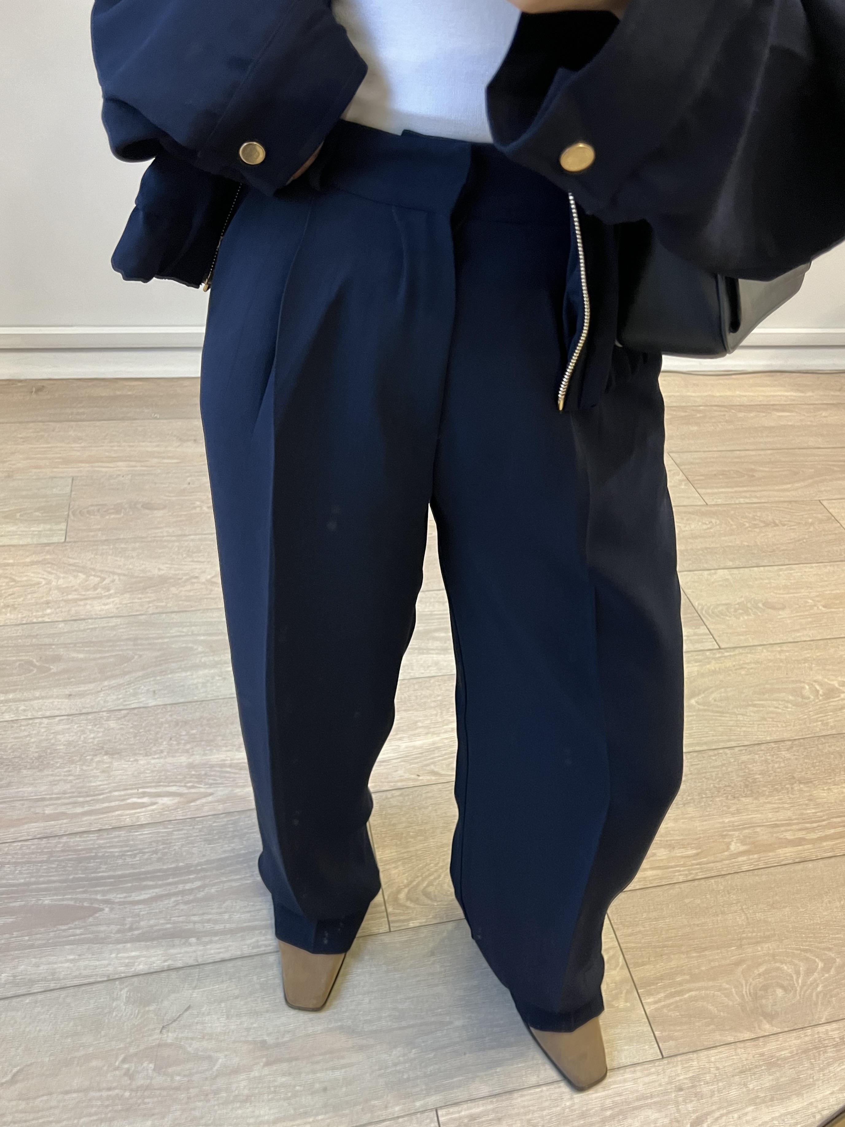 Lacivert Yüksek Bel Dökümlü Kadın Pantolon