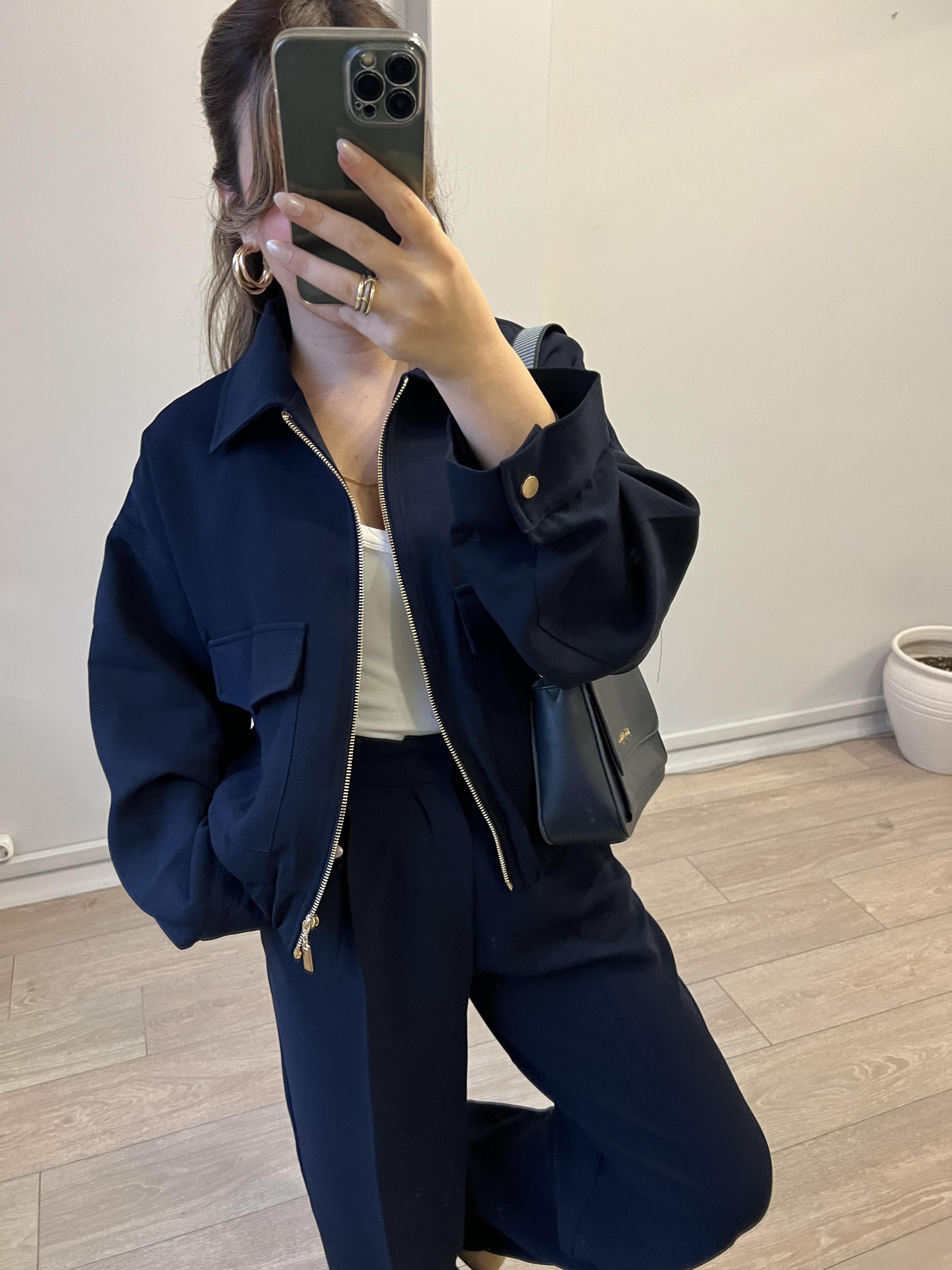 Lacivert Renk Fermuarlı Dik Yaka Astarlı Kadın Ceket