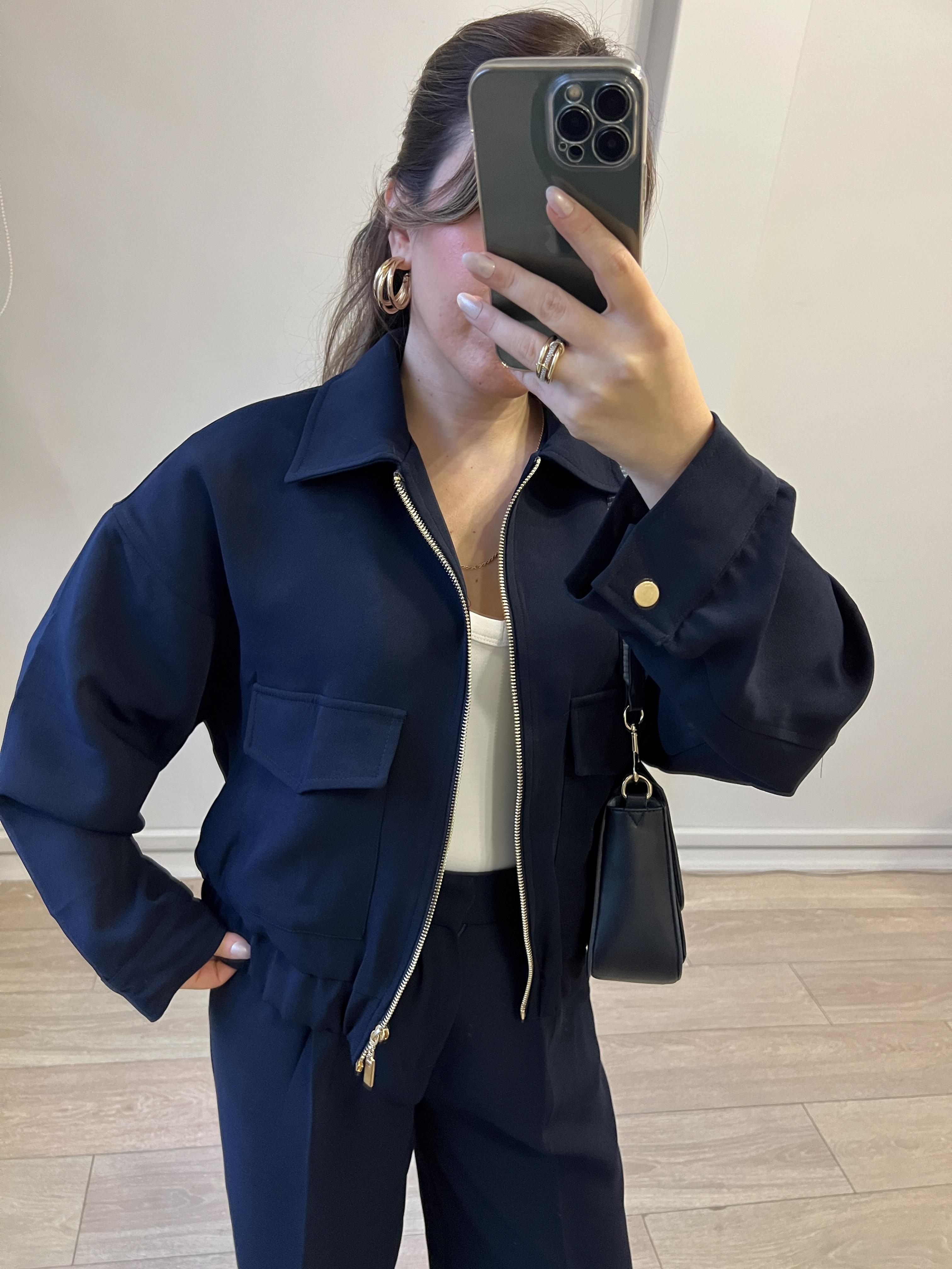 Lacivert Renk Fermuarlı Dik Yaka Astarlı Kadın Ceket