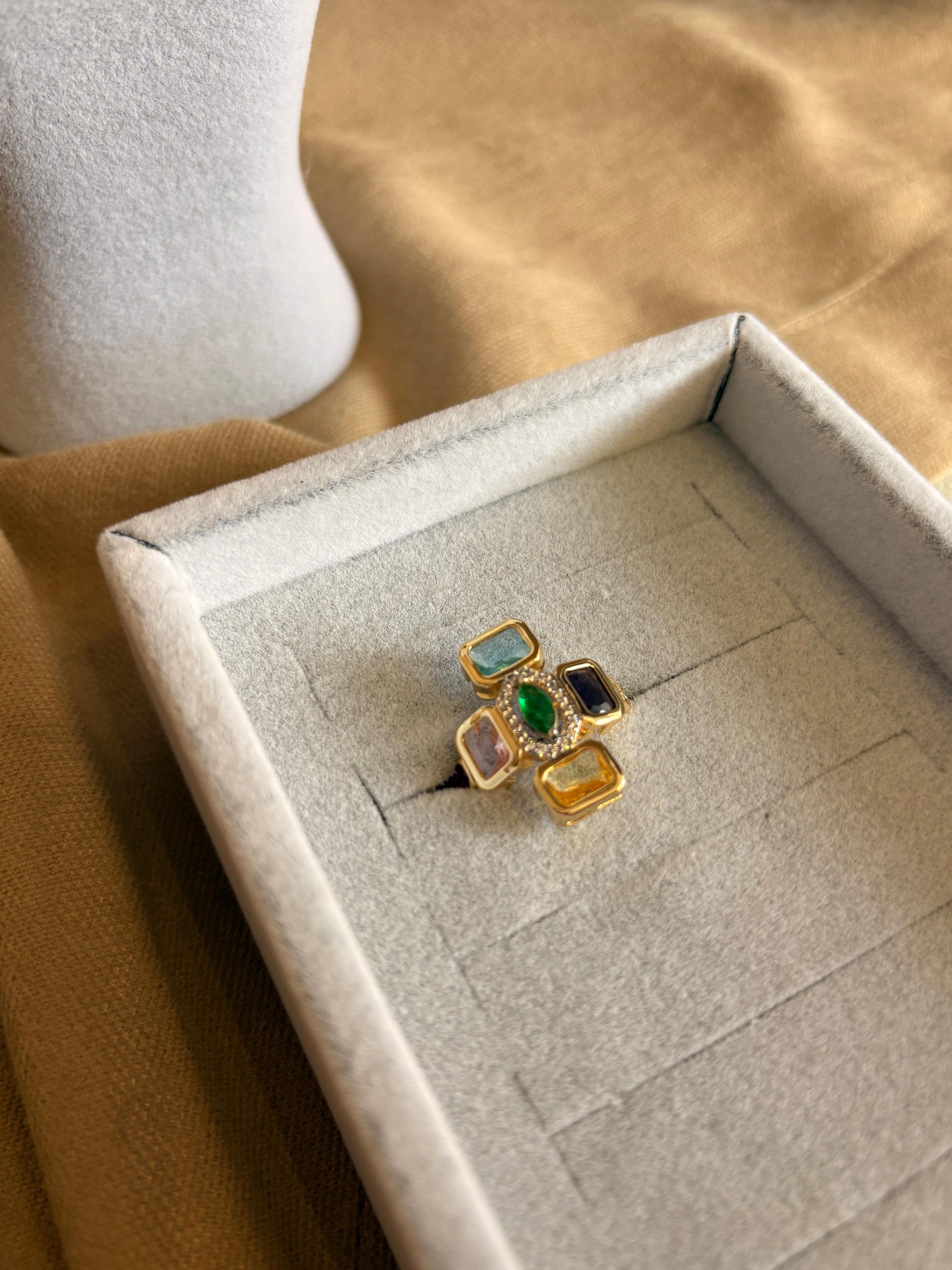 Çok Renkli Taşlı Vintage Ayarlanabilir Yüzük