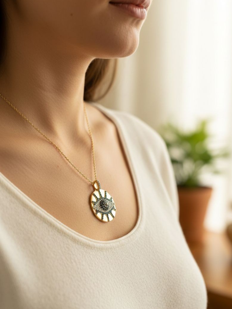 Bohemian Stil Kristal İşlemeli Göz Plaka Kolye